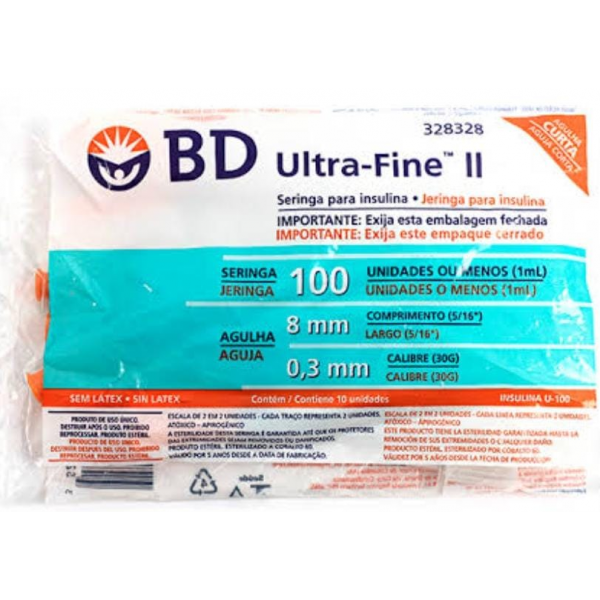 SERINGA DE INSULINA BD ULTRA-FINE 8MM 100UI COM 10 UNIDADES